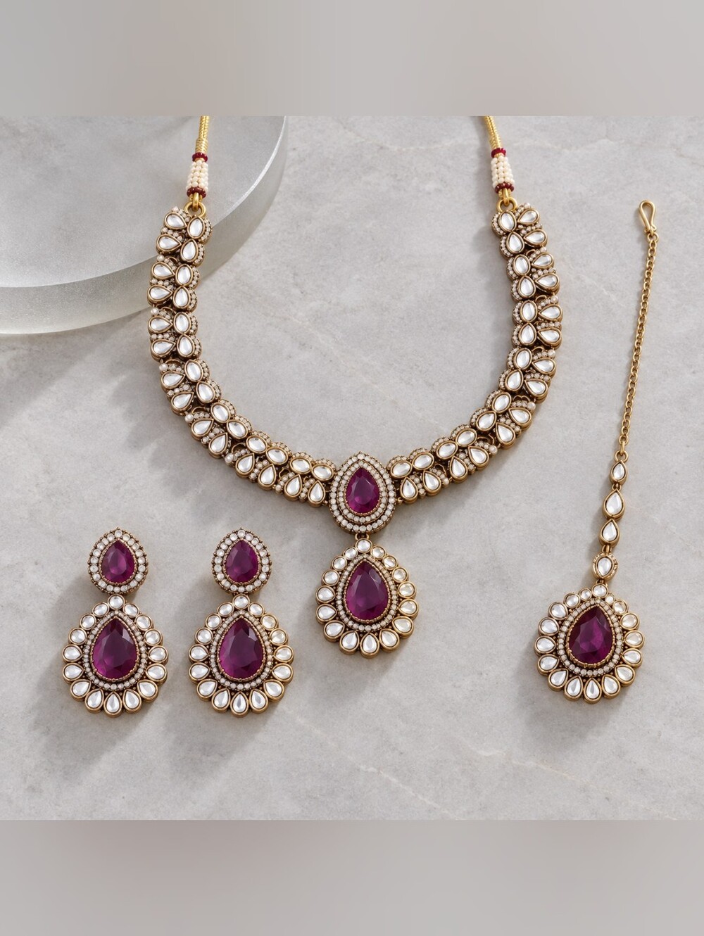 Purple Zircon Polki Necklace Set with Earrings & Maang Tikka